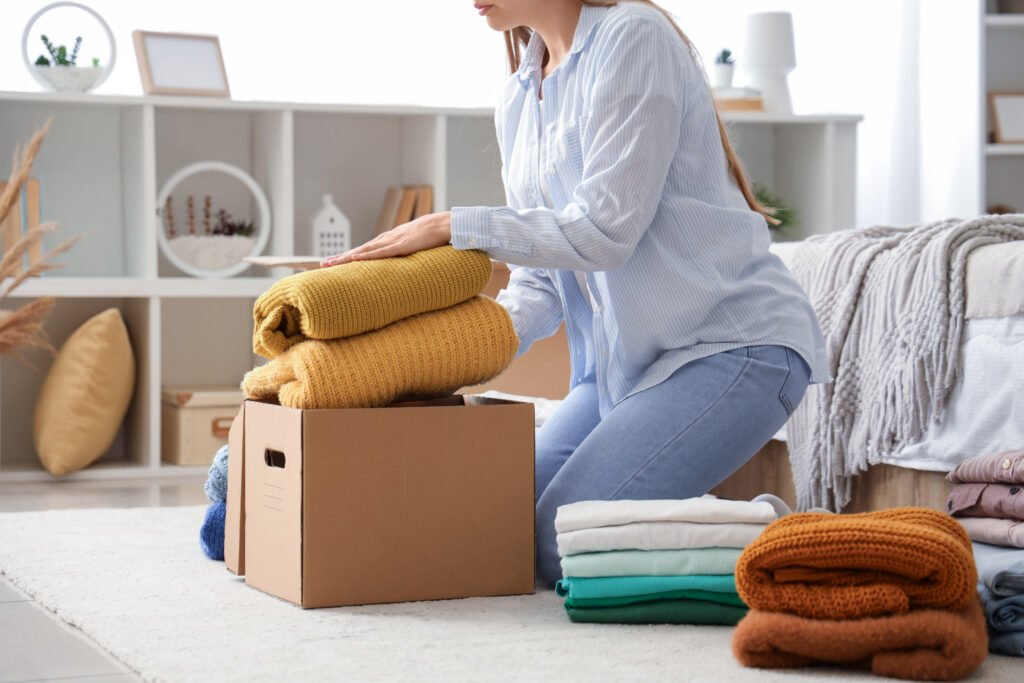 Packing stack of clothes into cardboard box